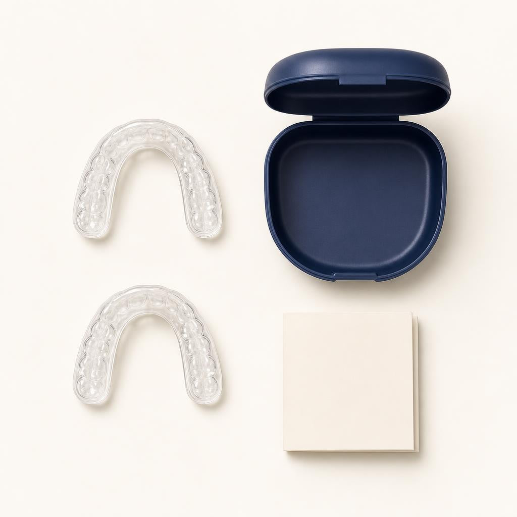 Everything in the box: two Heration night guards, the navy travel case and the moulding guide