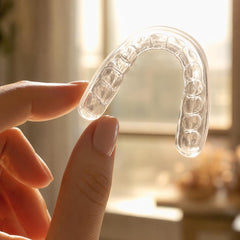 A Heration night guard held up to the light, showing how thin and clear it is
